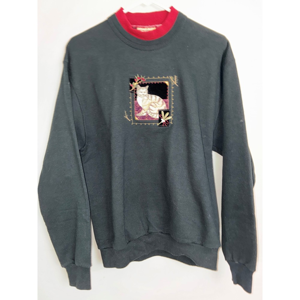 Top Stitch Sweatshirt Women Medium Black Vintage Embroidered Cat Crew Neck Top